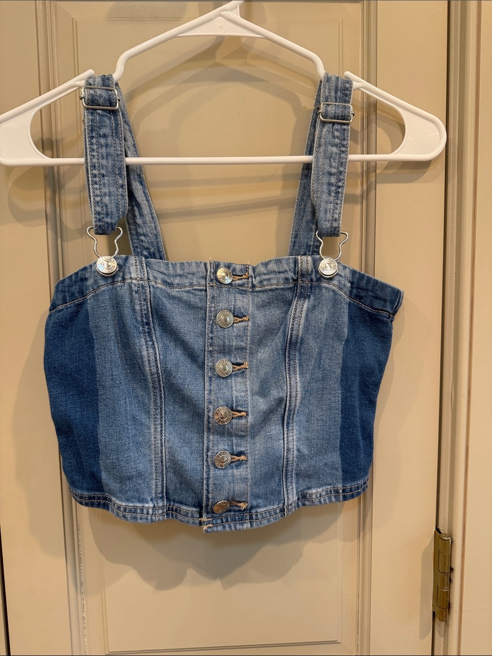 American Eagle Outfitters Two-Tone Blue Denim Crop Top with Button Front- Size S